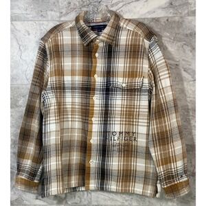 Tommy Hilfiger Plaid Flannel Shirt Men's Large Button Down Long Sleeve Tan Brown